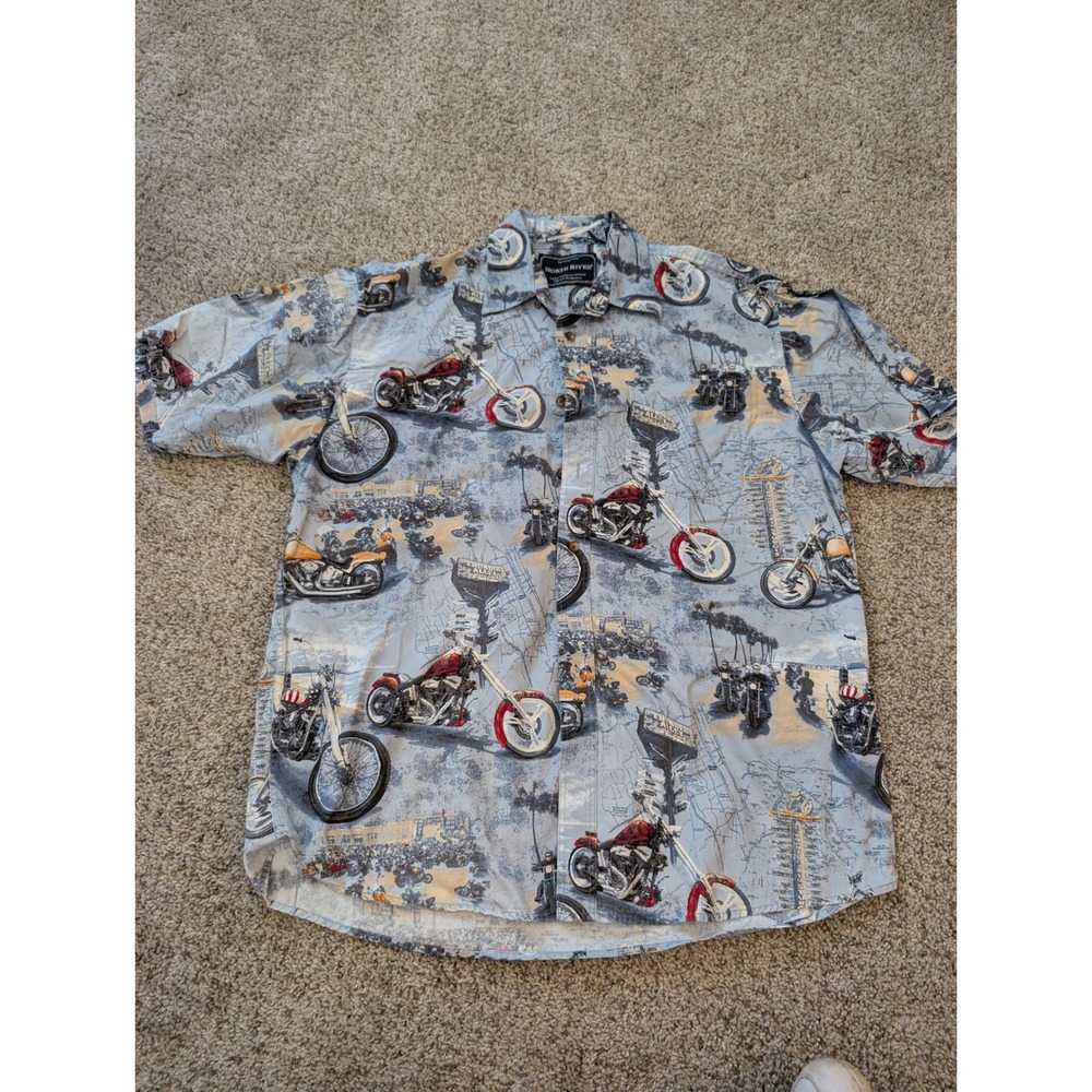 North River Mens Large Motorcycle Sturgis Biker Graphic Button Up Shirt Blue